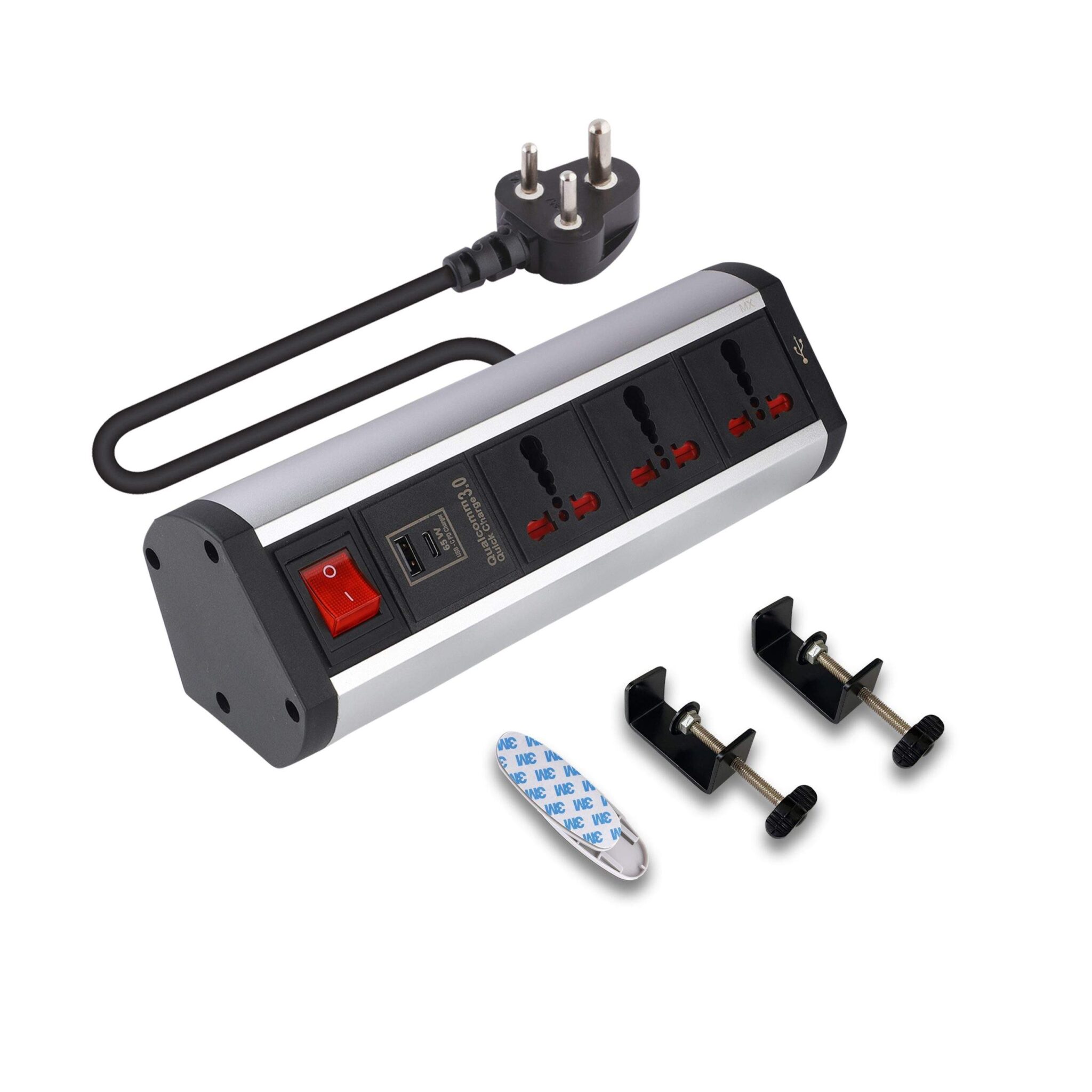 MX Premium Power Console 16 Amp 3 Universal Sockets with 65W PD Charging Port Extension Board - with removable Desk Clamp – Power Strip – Master Switch - 1.5m 3 Pin Plug extension Cord (MX-4190_1.5mtr)