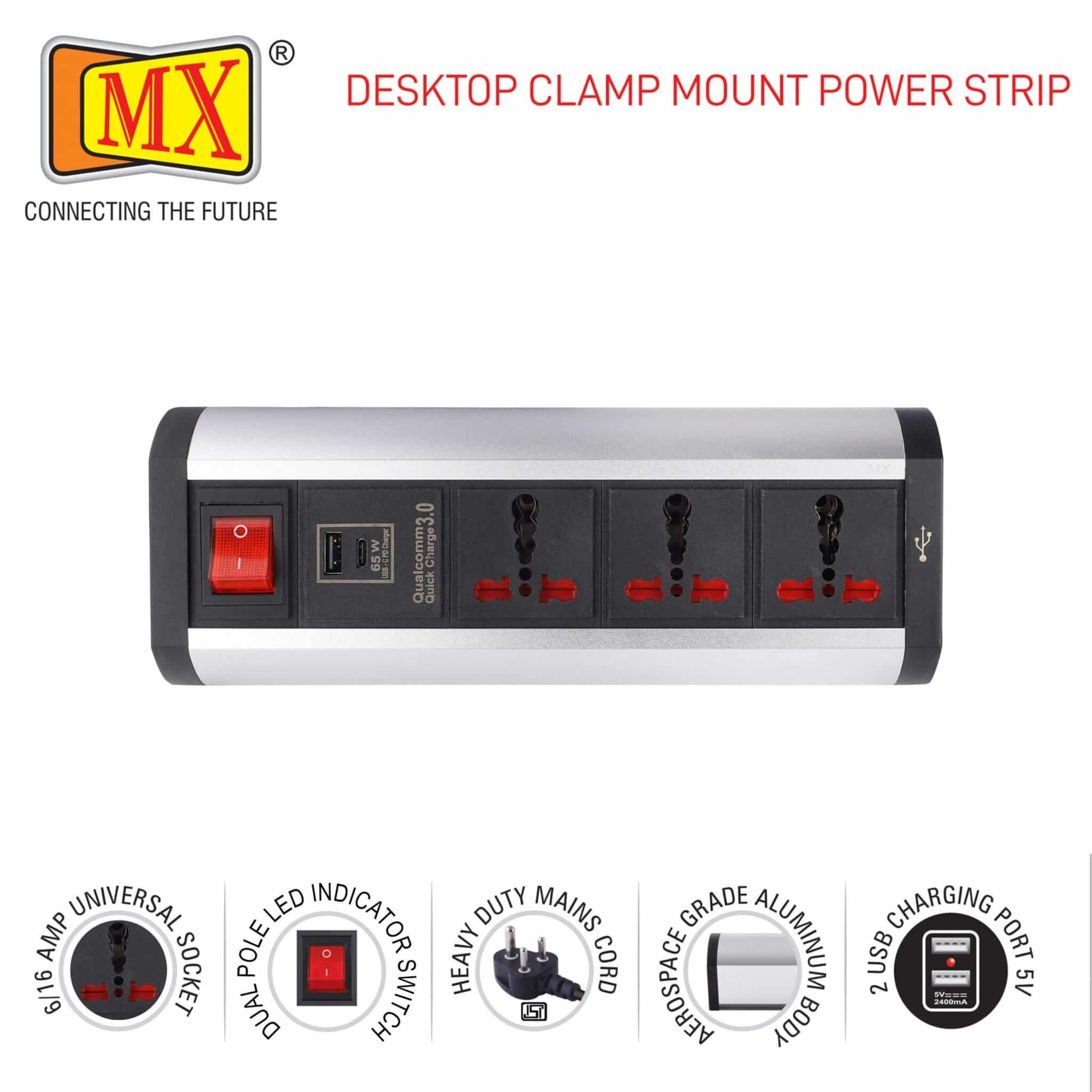 MX Premium Power Console 16 Amp 3 Universal Sockets with 65W PD Charging Port Extension Board - with removable Desk Clamp – Power Strip – Master Switch - 1.5m 3 Pin Plug extension Cord (MX-4190_1.5mtr) - Image 3