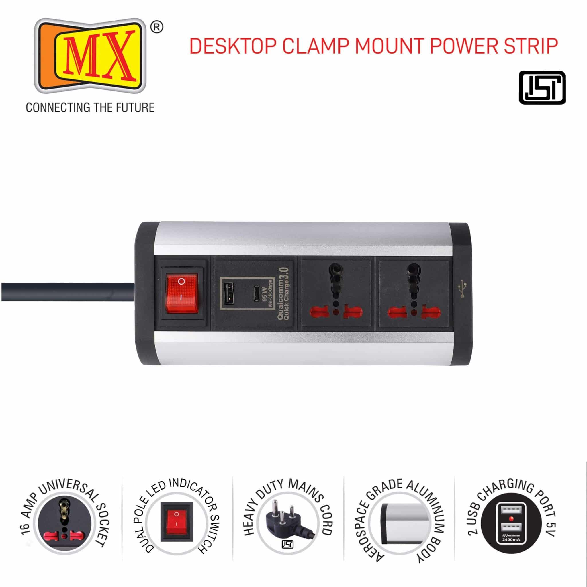 MX Power Console 16 Amp 2 Universal Sockets with 95W PD Charging Port Extension Board - Desk Clamp Mount –Power Strip–Master Switch For Home Office Exhibition School - 3 Pin Power Cord (MX-4193_1.5mtr) - Image 4