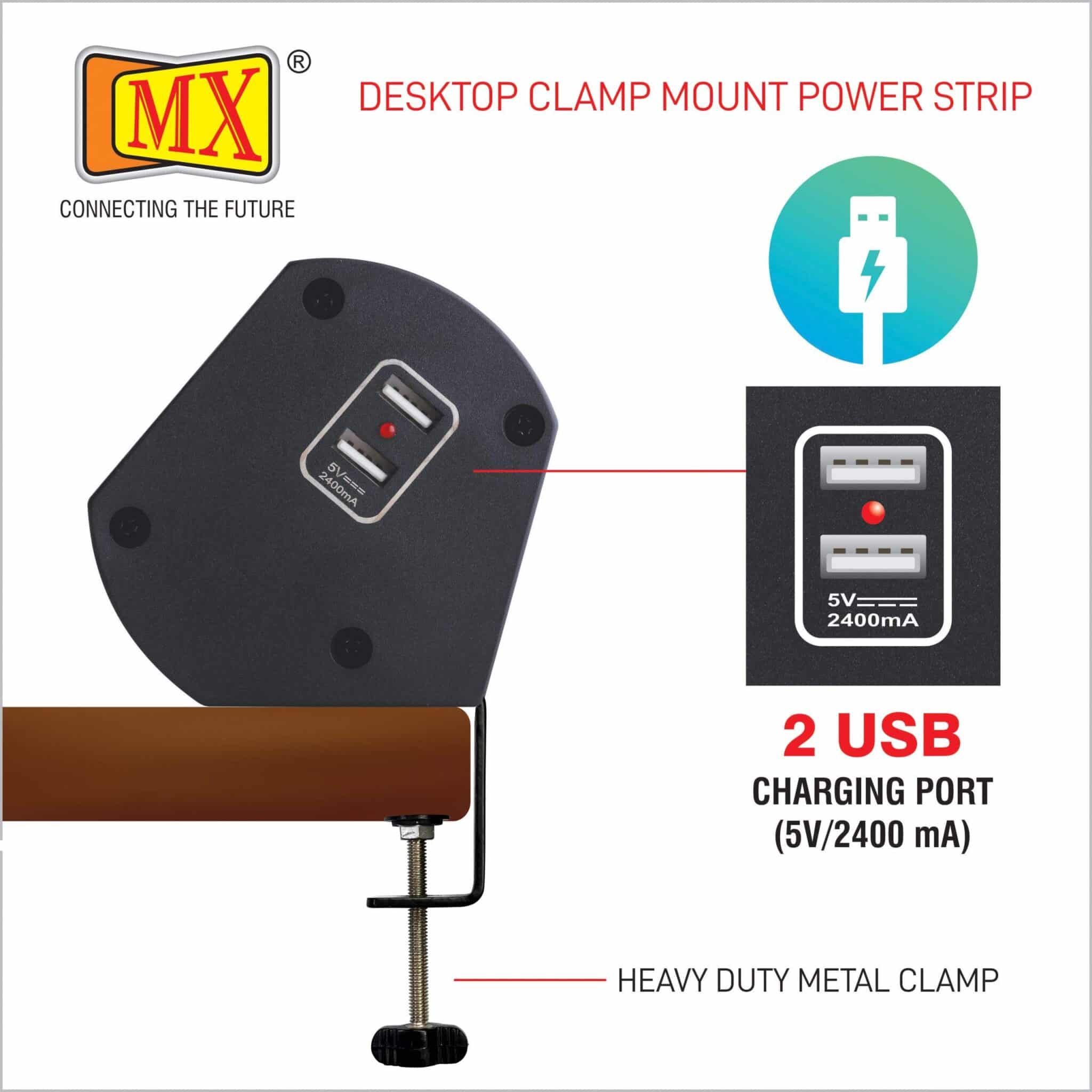 MX Power Console 16 Amp 2 Universal Sockets with 95W PD Charging Port Extension Board - Desk Clamp Mount –Power Strip–Master Switch For Home Office Exhibition School - 3 Pin Power Cord (MX-4193_1.5mtr) - Image 6