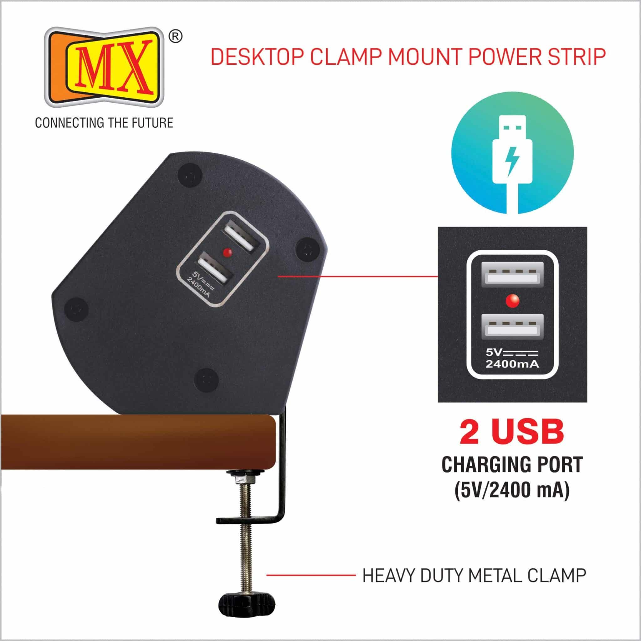 MX Power Console 16 Amp 6 Universal Sockets with 95W PD Charging Port Extension Board - Desk Clamp Mount –Power Strip–Master Switch For Home Office Exhibition School - 3 Pin Power Cord (MX-4196_1.5mtr) - Image 6