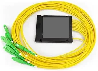 MX Fiber Optic PLC Splitter, 1x6 Dual Window Sm with Yellow Cable and Green SC/APC Connectors, Optical Network Distribution Box