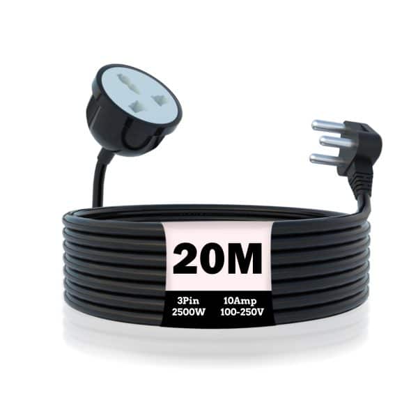 MX Extension Board with 20M Heavy Duty Long Wire Cord, Single Outlet Socket 2500W 10A Expandable Electric Extension, 3 Pin Plug with Surge Protection & Child Safety Shutter, Black for home appliances like electric cooktop & Stove