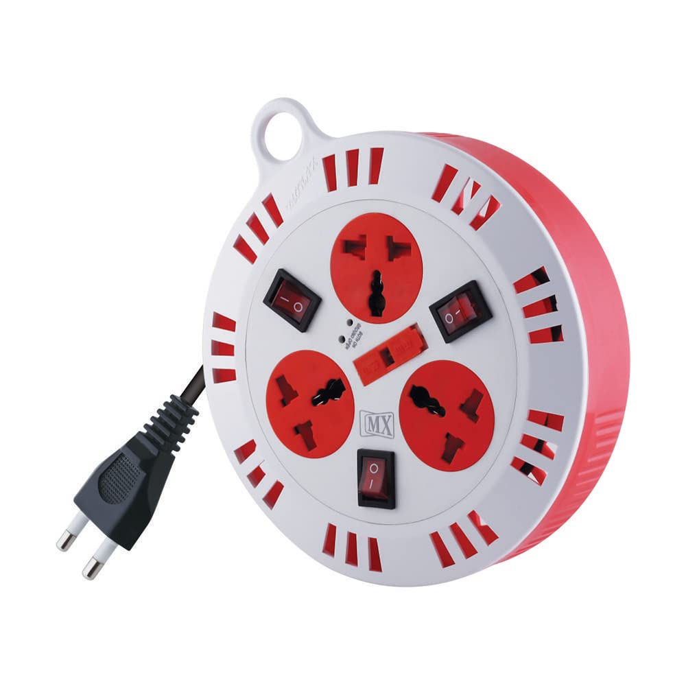 MX 3 Outlet Universal Sockets, Spike Guard Extension Box with Individual Switch, Fuse Protection & Child Safety Shutter - 2 Pin x 5 Meter Power Cord