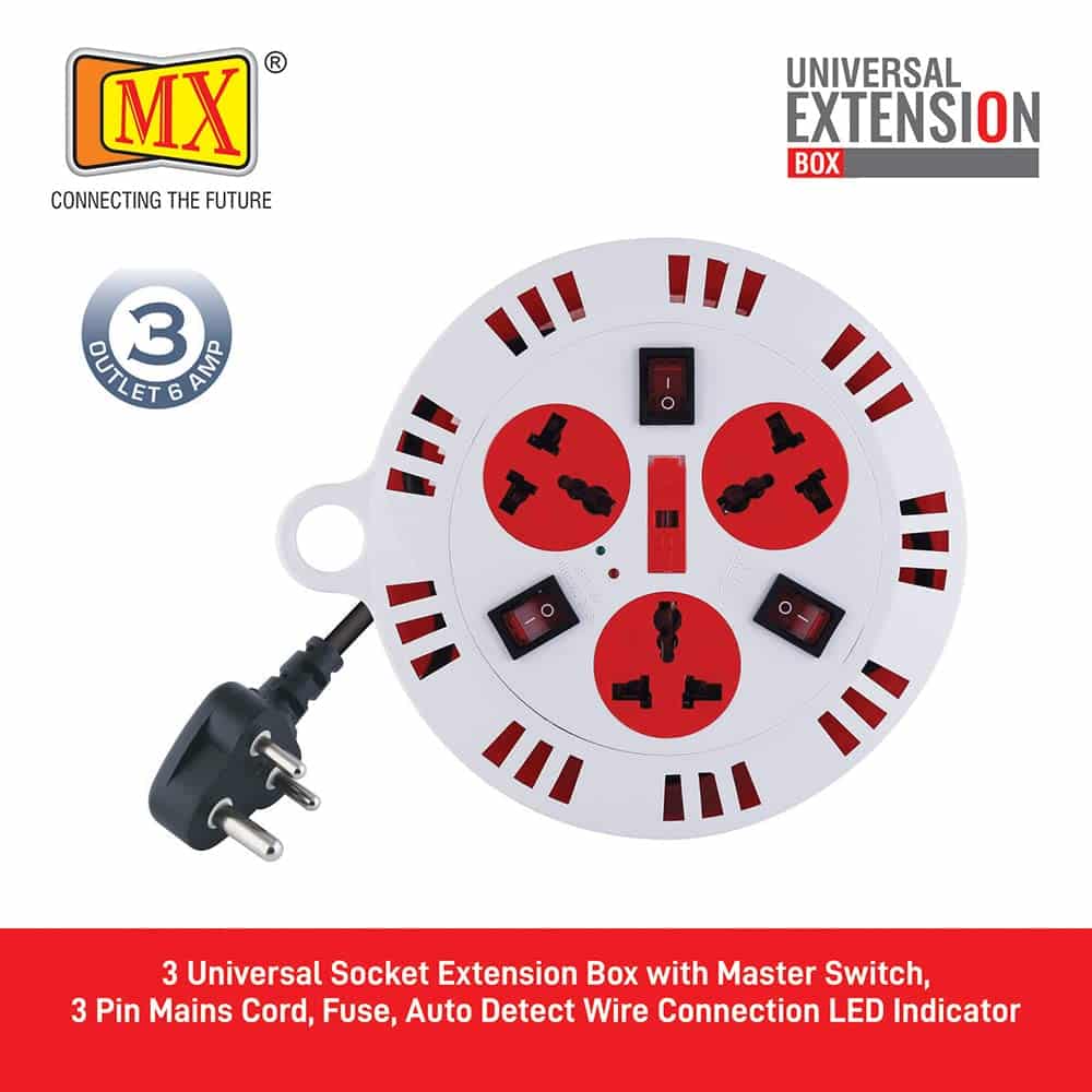 MX 3 Outlet Universal Sockets Spike Guard Extension Box with Individual Socket Switch, Fuse Protection - 3 Pin x 6 Meter Power Cord - Image 5