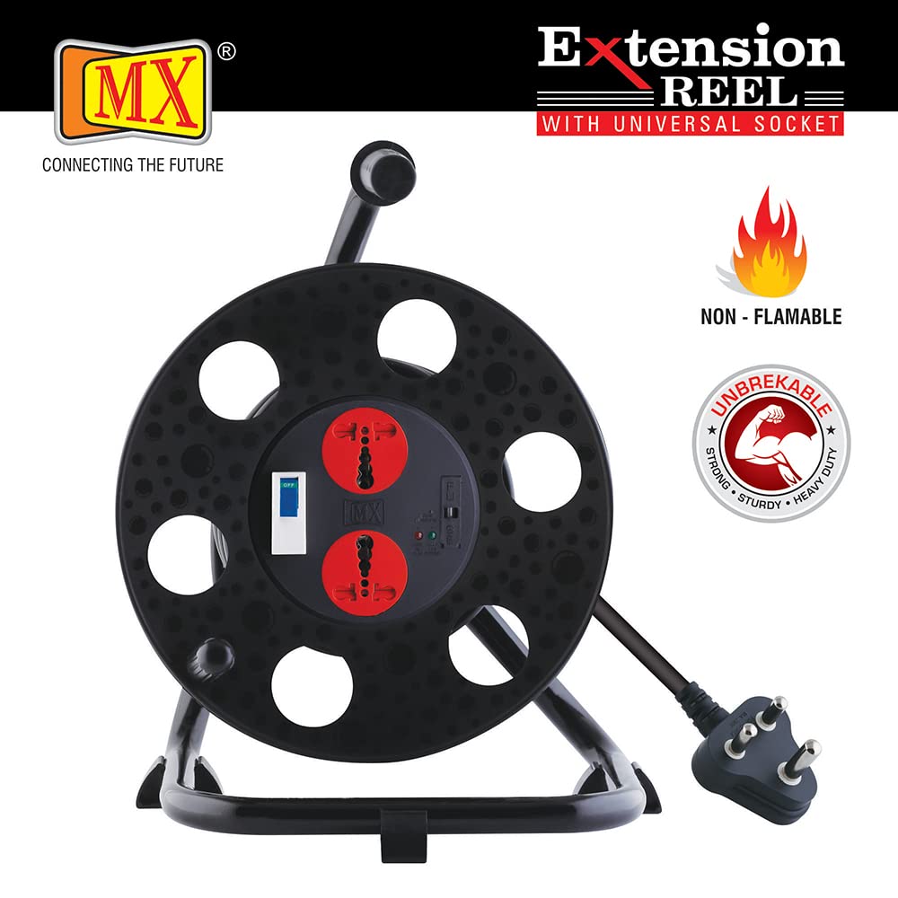 MX 2 Outlet Universal 15 Amp Sockets Extension Reel / Extension Board with Single Pole 32 Amp MCB Switch, 30 Meter, 3-Pin, 16 Amp Power Cord - Image 6
