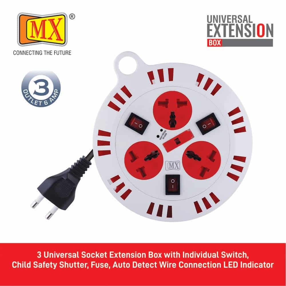 MX 3 Outlet Universal Sockets, Spike Guard Extension Box with Individual Switch, Fuse Protection & Child Safety Shutter - 2 Pin x 5 Meter Power Cord - Image 2