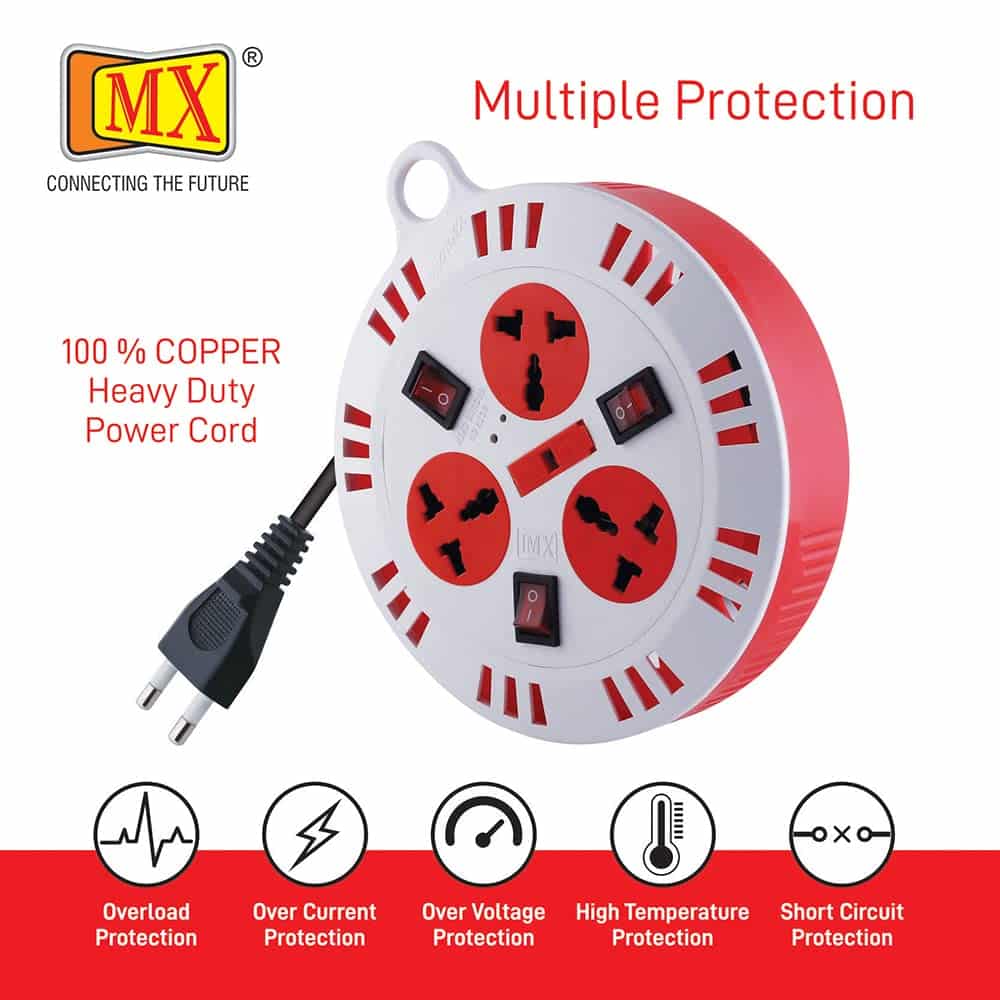 MX 3 Outlet Universal Sockets, Spike Guard Extension Box with Individual Switch, Fuse Protection - 2 Pin x 5 Meter Power Cord - Image 4