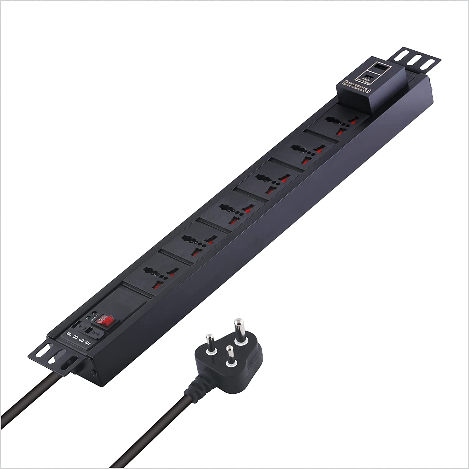 MX 6-Outlet Power Distribution Unit with 5A Universal Socket, USB C PD 65W, USB A Port, Built-In Fuse, Master Switch, Wall Mount, 1.5m Power Cord.