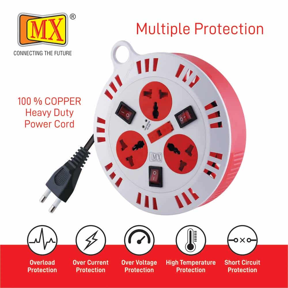 MX 3 Outlet Universal Sockets, Spike Guard Extension Box with Individual Switch, Fuse Protection & Child Safety Shutter - 2 Pin x 5 Meter Power Cord - Image 4