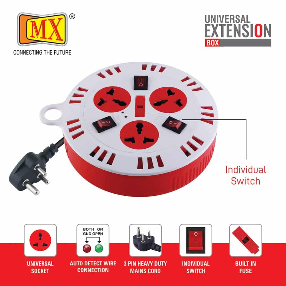 MX 3 Outlet Universal Sockets Spike Guard Extension Box with Individual Socket Switch, Fuse Protection - 3 Pin x 6 Meter Power Cord - Image 4