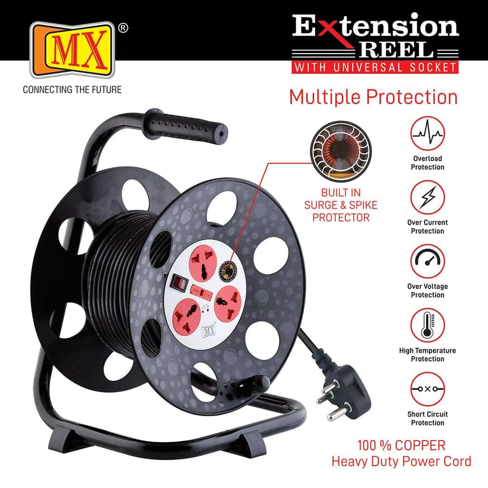 MX 3 Outlet Universal 5 Amp Sockets Extension Reel / Extension Board with Spike Guard / Surge Protection and Switch - 30 Meter, 3 Pin Power Cord - Image 4