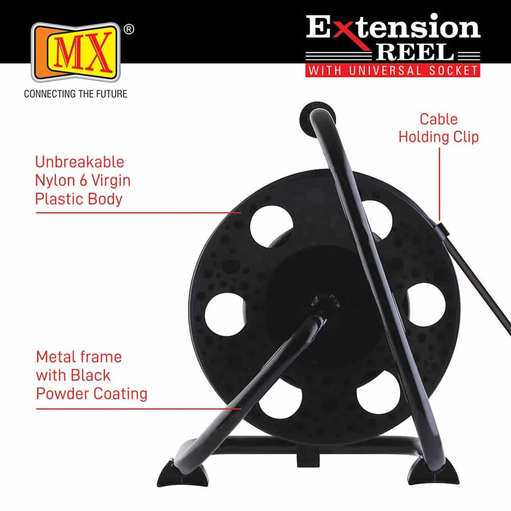 MX 2 Outlet Universal 15 Amp Sockets Extension Reel / Extension Board with Single Pole 32 Amp MCB Switch, 30 Meter, 3-Pin, 16 Amp Power Cord - Image 3