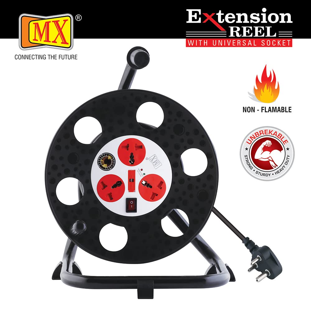 MX 3 Outlet Universal 5 Amp Sockets Extension Reel / Extension Board with Spike Guard / Surge Protection and Switch - 30 Meter, 3 Pin Power Cord - Image 6