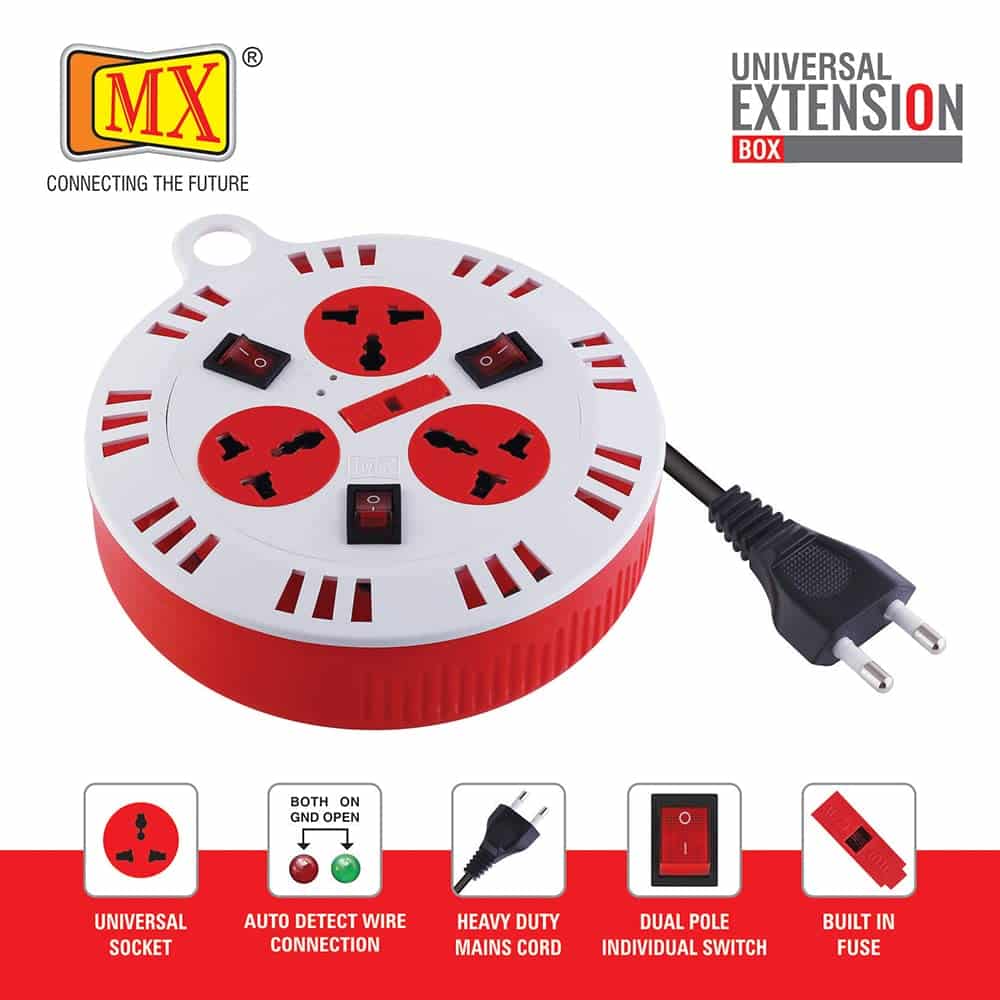 MX 3 Outlet Universal Sockets, Spike Guard Extension Box with Individual Switch, Fuse Protection - 2 Pin x 5 Meter Power Cord - Image 3