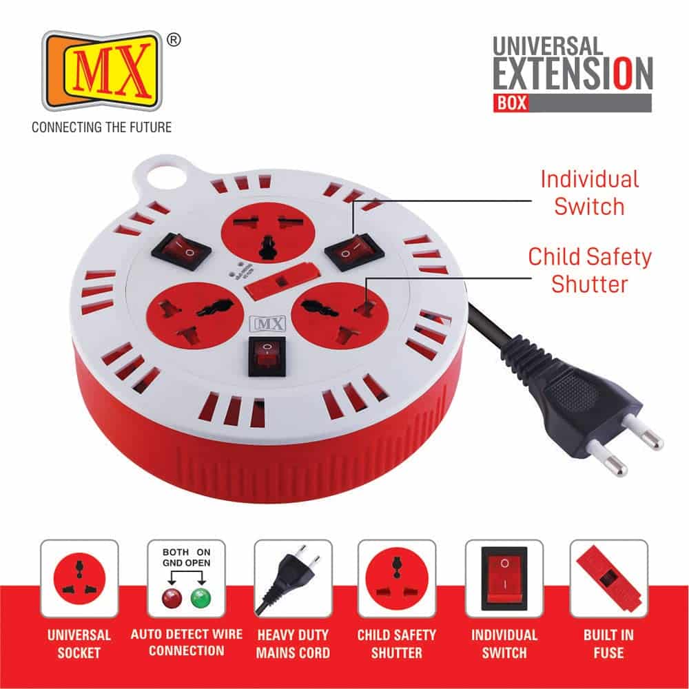 MX 3 Outlet Universal Sockets, Spike Guard Extension Box with Individual Switch, Fuse Protection & Child Safety Shutter - 2 Pin x 5 Meter Power Cord - Image 3