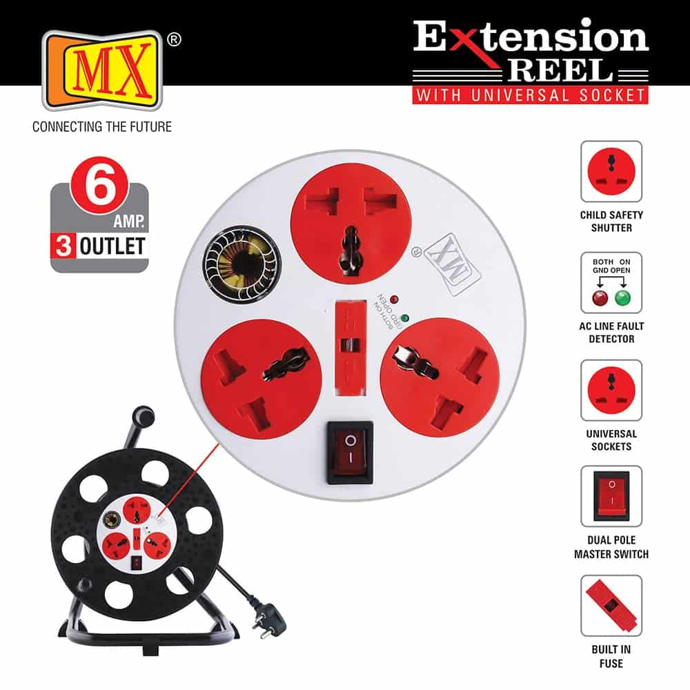 MX 3 Outlet Universal 5 Amp Sockets Extension Reel / Extension Board with Spike Guard / Surge Protection and Switch - 30 Meter, 3 Pin Power Cord - Image 5