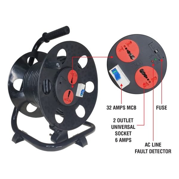 MX Extension Cable Drum W/ 2 Outlet Universal Socket 6 Amps with 32 Amps Mcb, Fuse. Ac Line Fault Detector & Child Safety Shutter (20 MTR) - Image 2