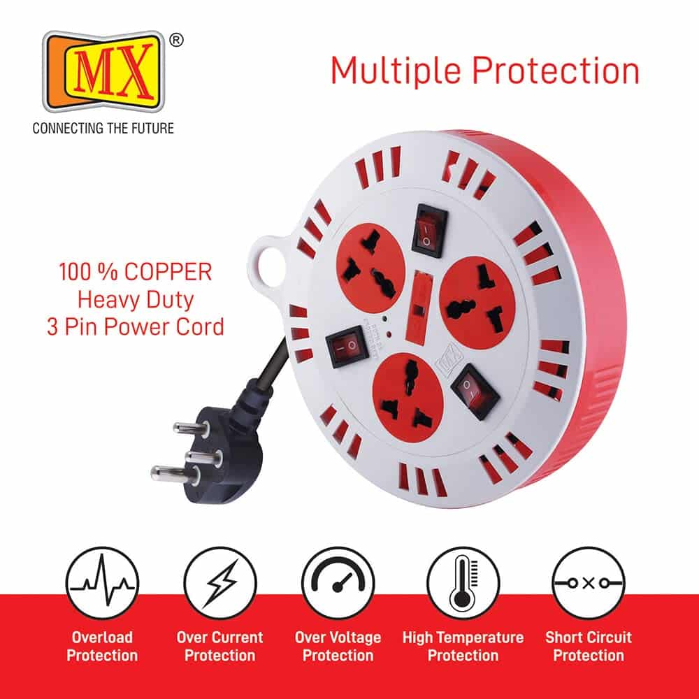 MX 3 Outlet Universal Sockets Spike Guard Extension Box with Individual Socket Switch, Fuse Protection - 3 Pin x 6 Meter Power Cord - Image 3