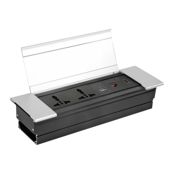 MX Flip Type cable cubby pop up box with 2 Universal Power Sockets, 2 USB (Type A + Type C) 18W PD Charging Port, 1 LAN & 1 4K HDMI Port for Conference Table, hotel rooms, office meeting table, etc. for media streaming. ( MX 7008 Sliver)