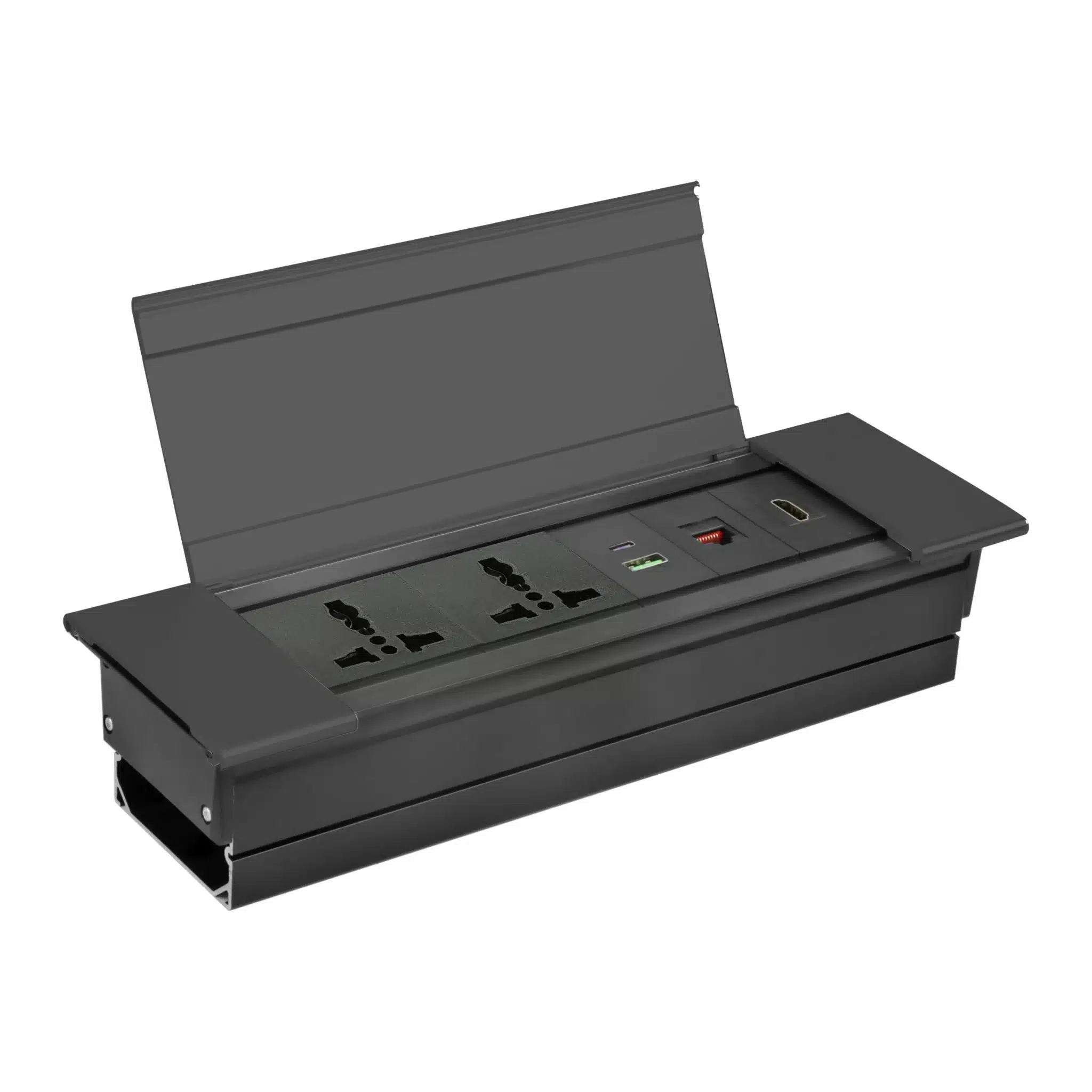 THE SIDE UP BOX+EXTENSION UNIT TABLE×2 MX Flip Type cable cubby pop up box with 2 Universal Power Sockets