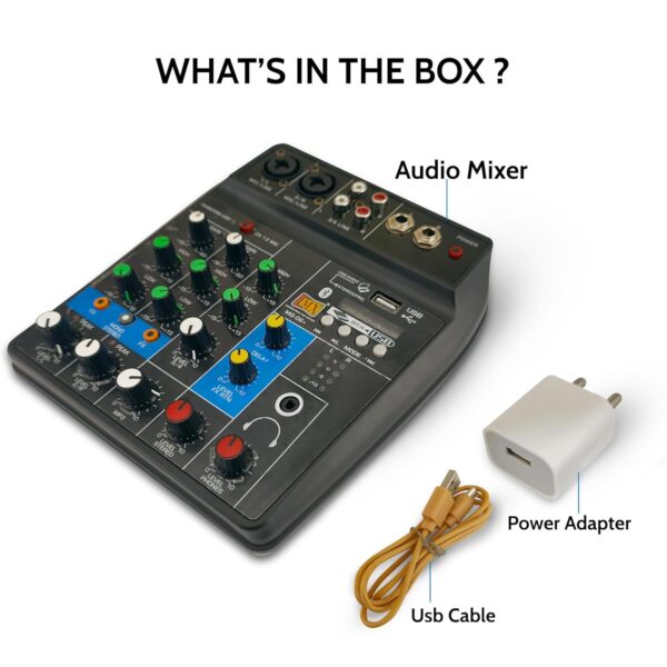 MX 4 Channel Audio Mixer – Basic Sound Mixing Console with Bluetooth USB 48V Phantom Power. Use for Basic audio learning set-up (NOT FOR RECORDING or PROFESSIONAL AUDIO MIXING CONSOLE)