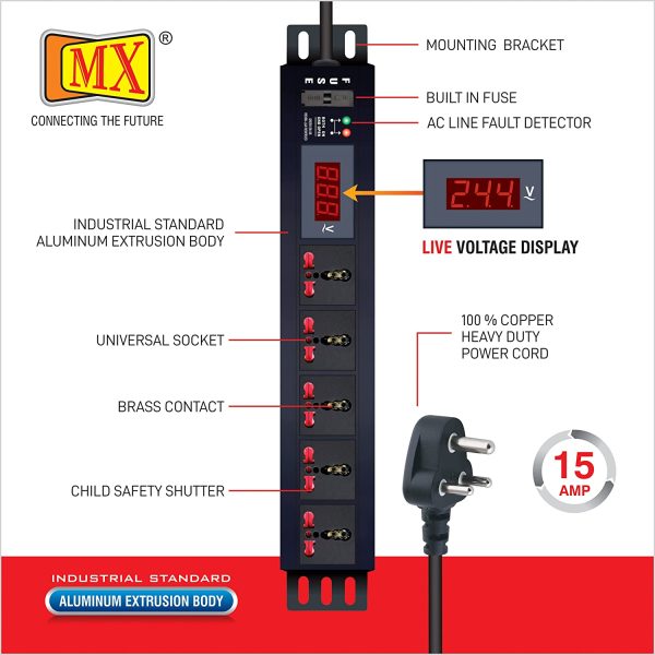 MX 5-Outlet Power Distribution Unit with Live Voltage Display, 6/16 AMP (Parameter: 30W~265V), Wall/Rack Mount, Built-in Fuse, Master Switch, Wall Mount, Heavy-Duty 1.5m Power Cord. - Image 4