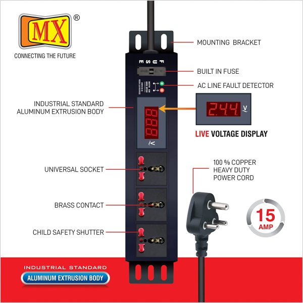 MX 3-Outlet Power Distribution Unit with Live Voltage Display, 6/16 AMP (Parameter: 30W~265V), Wall/Rack Mount, Built-in Fuse, Master Switch, Wall Mount, Heavy-Duty 1.5m Power Cord. - Image 4