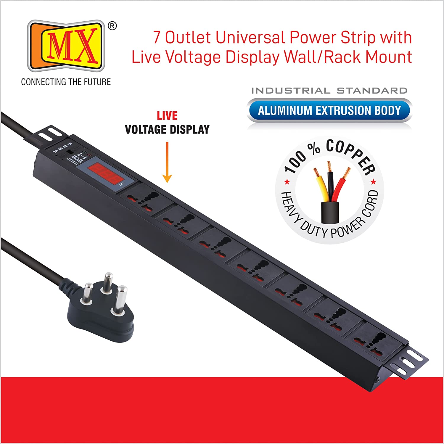MX 7 Outlet Power Distribution Unit with Live Voltage Display, 6/16 AMP (Parameter: 30W~265V), Wall/Rack Mount, Built-in Fuse, Master Switch, Desk Mount and 19 inches Rack Mountable with 1.5m Power Cord for home appliances like electric cooktop & Stove - Image 2