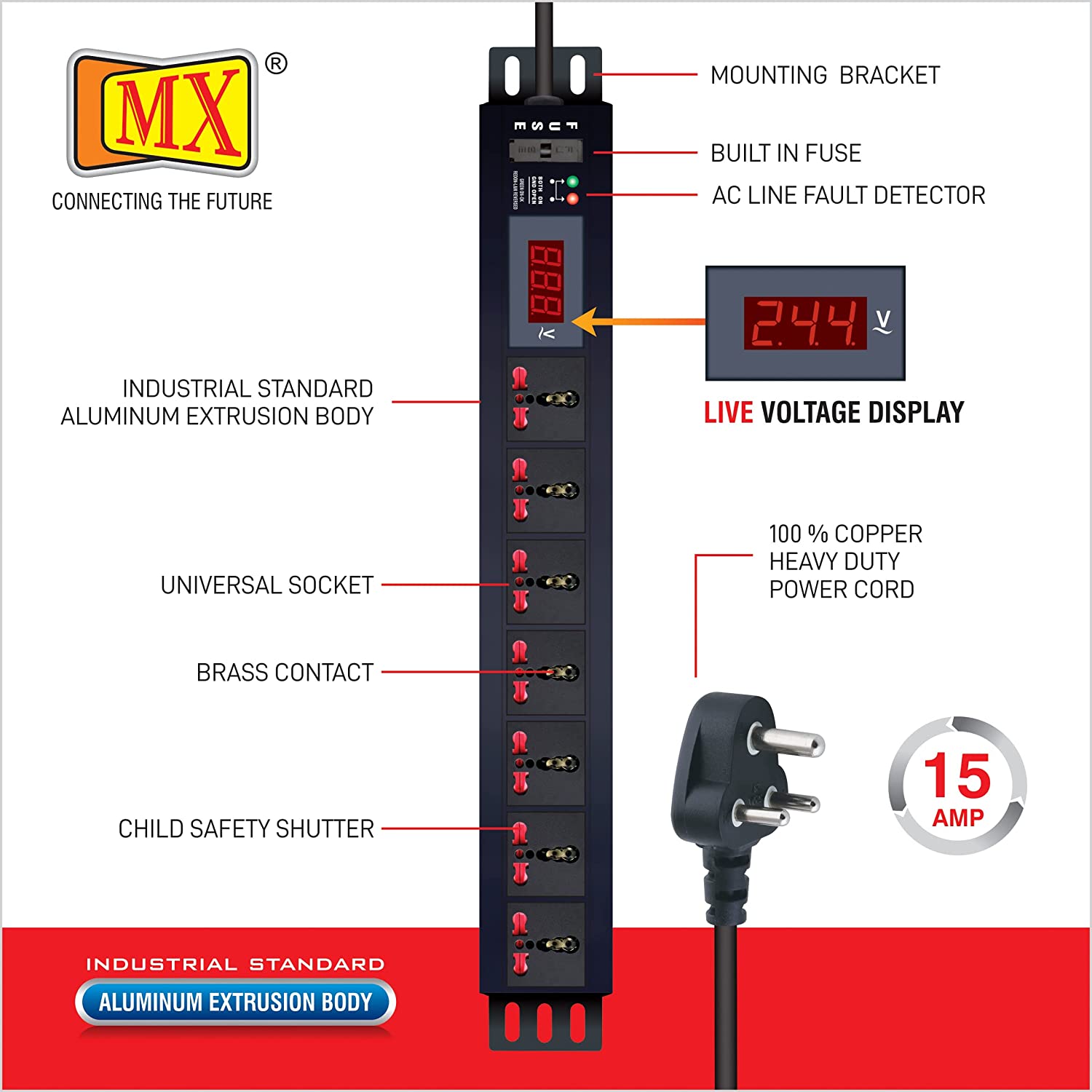 MX 7 Outlet Power Distribution Unit with Live Voltage Display, 6/16 AMP (Parameter: 30W~265V), Wall/Rack Mount, Built-in Fuse, Master Switch, Desk Mount and 19 inches Rack Mountable with 1.5m Power Cord for home appliances like electric cooktop & Stove - Image 4