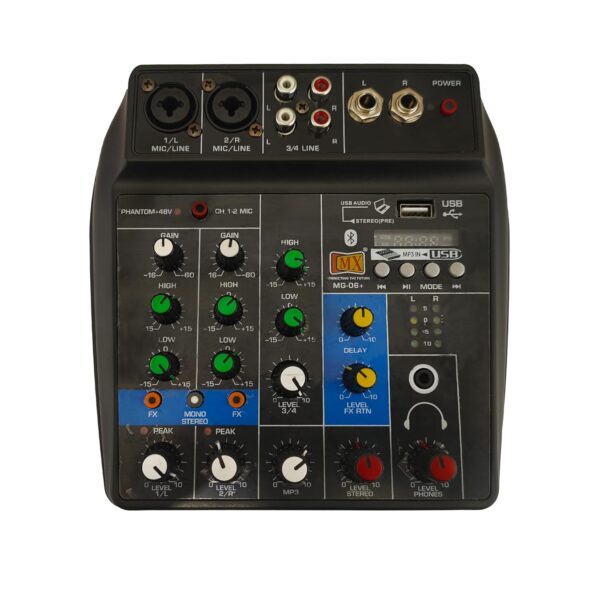 MX 4 Channel Audio Mixer – Basic Sound Mixing Console with Bluetooth USB 48V Phantom Power. Use for Basic audio learning set-up (NOT FOR RECORDING or PROFESSIONAL AUDIO MIXING CONSOLE)