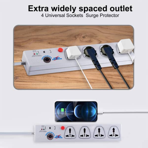 MX 4 Outlet Spike / Surge Protector With Universal Socket – Master Switch With Built-in Fuse – 1.5 mtr (5 foot) Power Cable – 5 amp