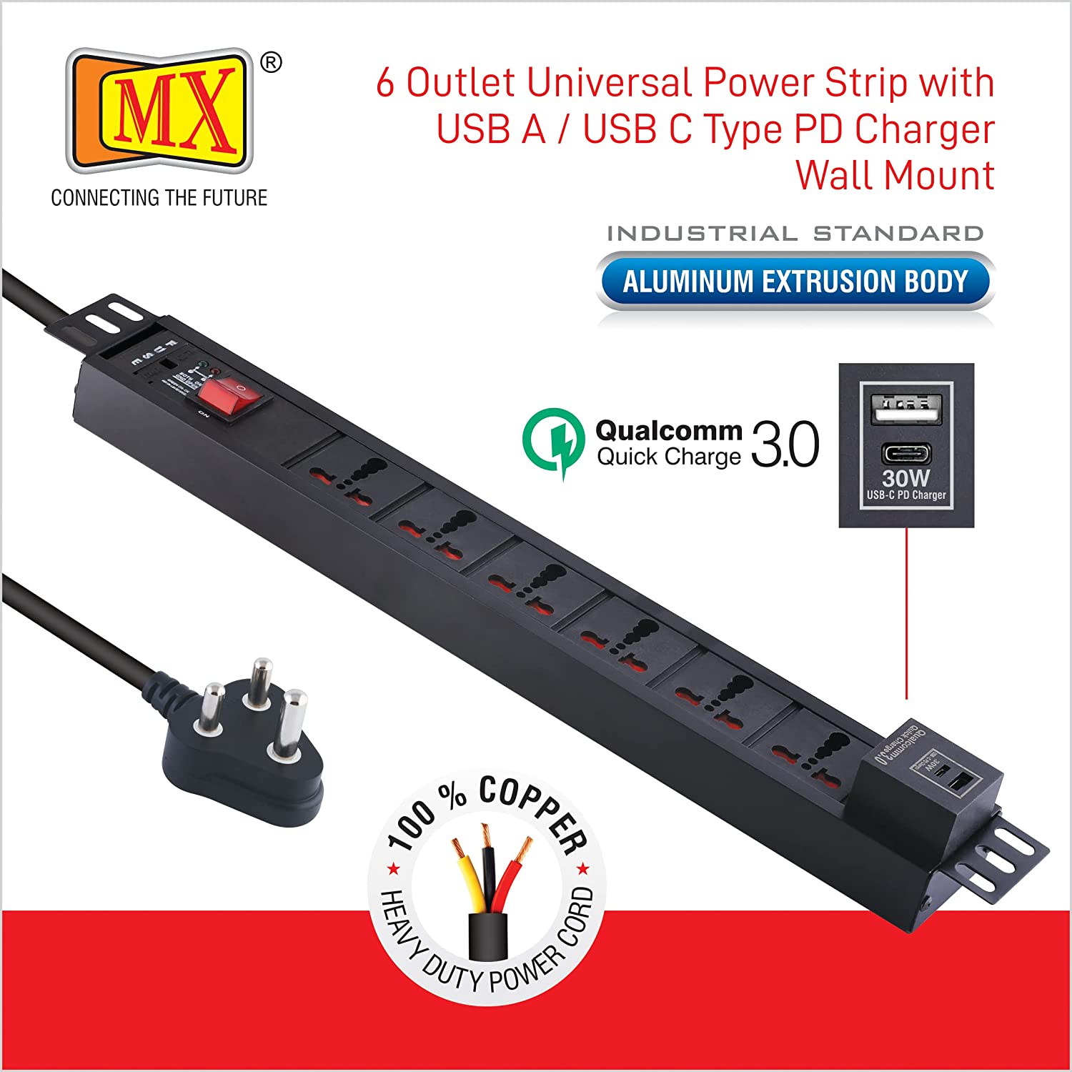 MX 6-Outlet Power Distribution Unit with 15A Universal Socket, USB-C PD 30W + USB-A Charging Ports, Fuse, Master Switch, Wall Mount, 1.5m Cord for home appliances like electric cooktop & Stove - Image 2