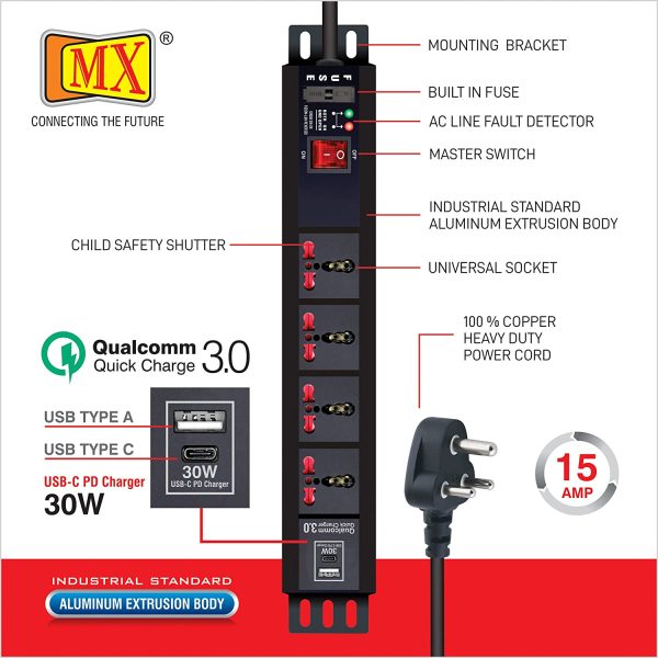 MX 4-Outlet Power Distribution Unit with 15A Universal Socket, USB C PD 30W + USB A Ports, Fuse, Master Switch, Wall Mount, 1.5m Cord. - Image 4