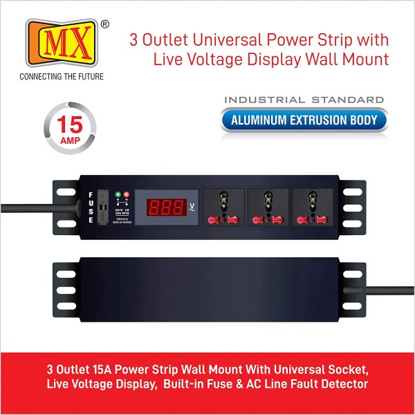 MX 3-Outlet Power Distribution Unit with Live Voltage Display, 6/16 AMP (Parameter: 30W~265V), Wall/Rack Mount, Built-in Fuse, Master Switch, Wall Mount, Heavy-Duty 1.5m Power Cord. - Image 5