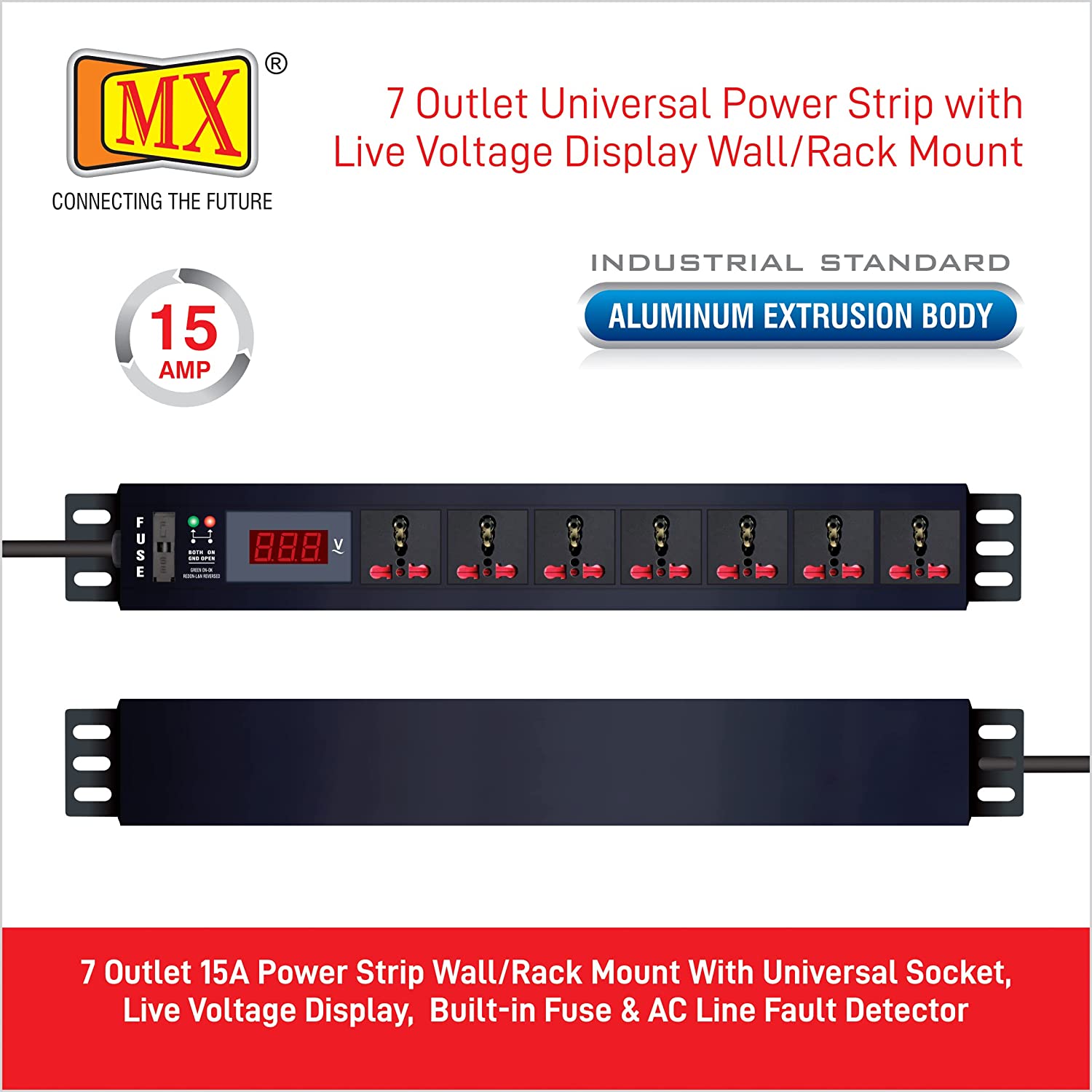 MX 7 Outlet Power Distribution Unit with Live Voltage Display, 6/16 AMP (Parameter: 30W~265V), Wall/Rack Mount, Built-in Fuse, Master Switch, Desk Mount and 19 inches Rack Mountable with 1.5m Power Cord for home appliances like electric cooktop & Stove - Image 5