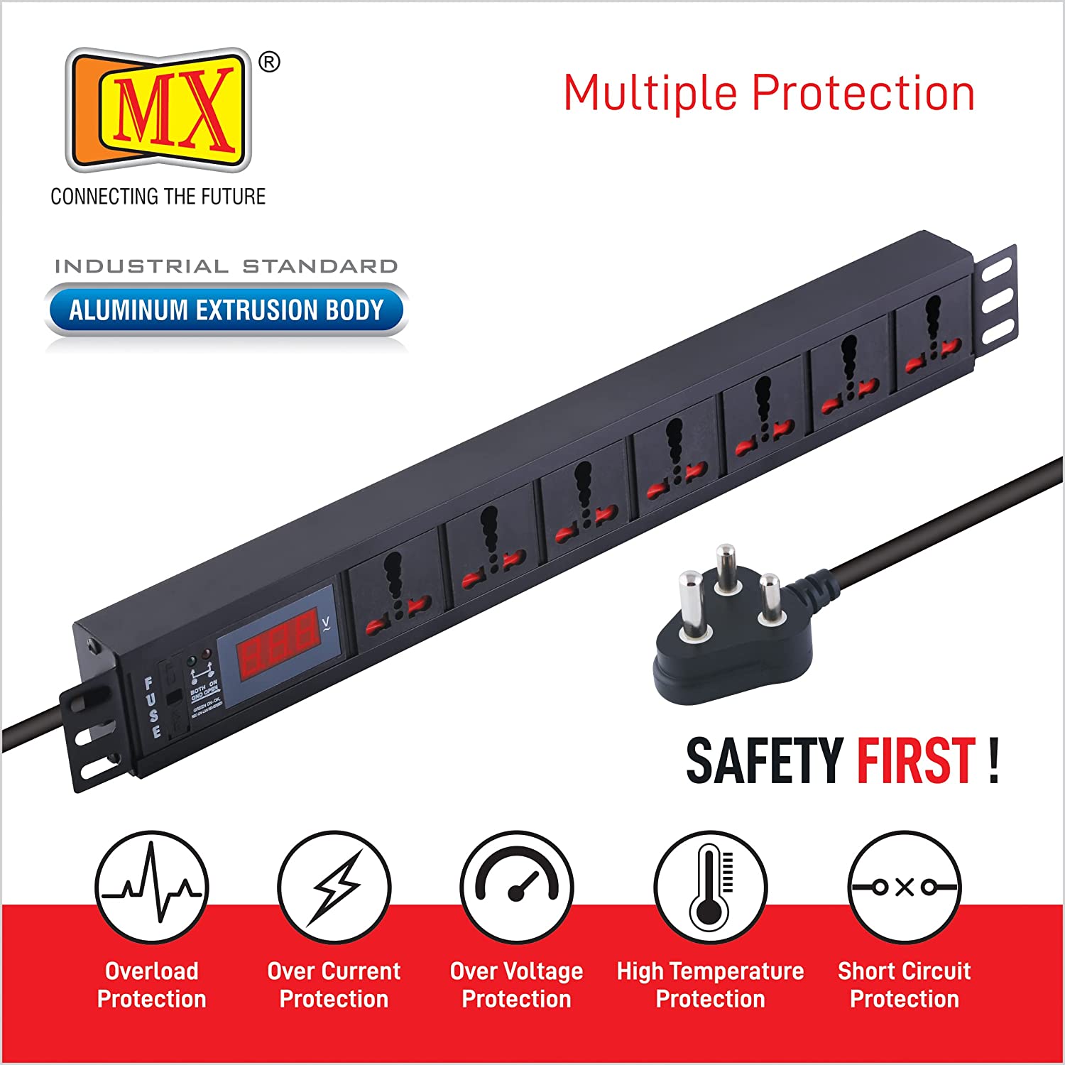 MX 7 Outlet Power Distribution Unit with Live Voltage Display, 6/16 AMP (Parameter: 30W~265V), Wall/Rack Mount, Built-in Fuse, Master Switch, Desk Mount and 19 inches Rack Mountable with 1.5m Power Cord for home appliances like electric cooktop & Stove - Image 3