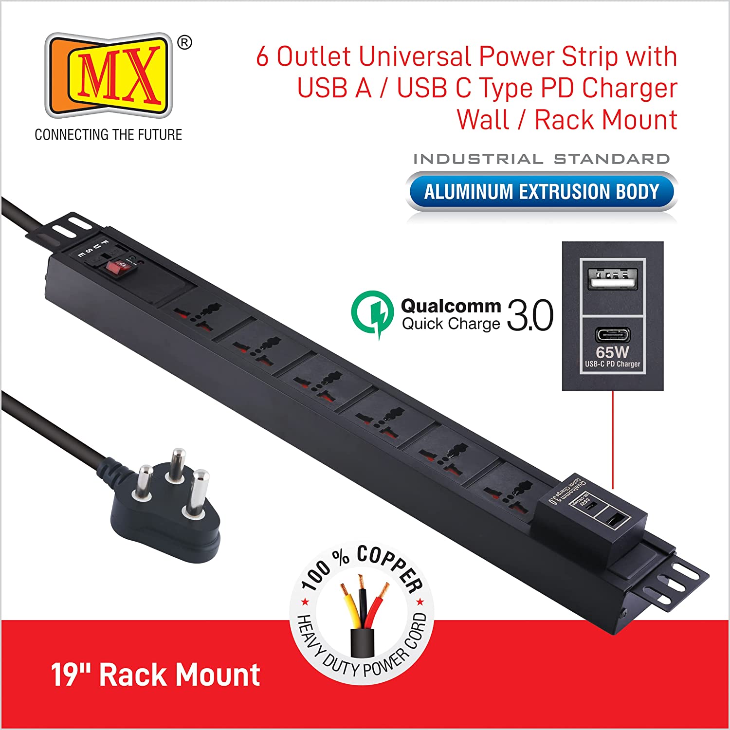 MX 6-Outlet Power Distribution Unit with 5A Universal Socket, USB C PD 65W, USB A Port, Built-In Fuse, Master Switch, Wall Mount, 1.5m Power Cord for home appliances like electric cooktop & Stove - Image 2