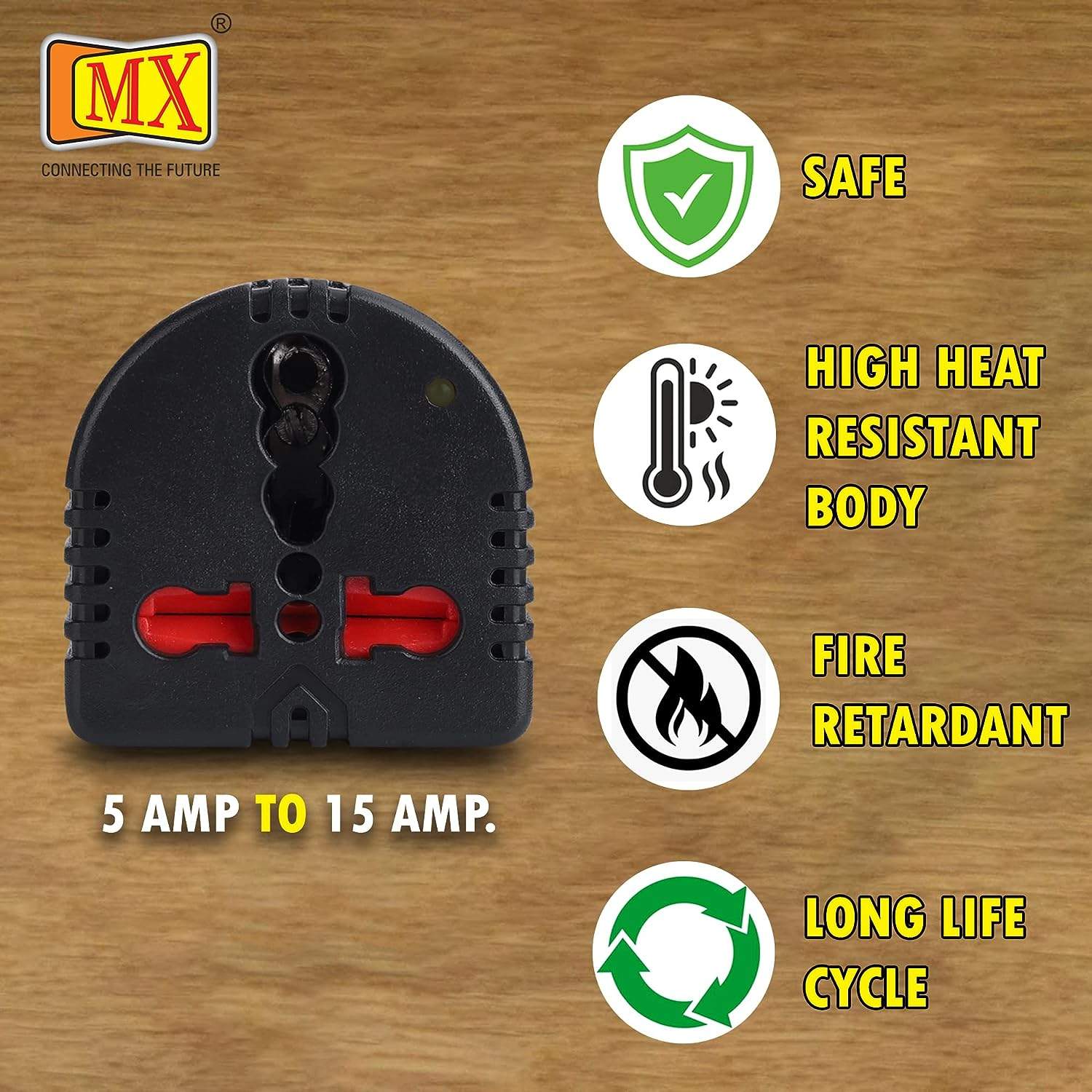 MX 3 Pin Universal Conversion Plug Converts Power 5 AMP to 15 AMP Plug, Flame Retardant Body Material with Child Safety Shutter & LED Indicator, Travel Adaptor, Multi- Use Socket Connector (Pack of 2) - Image 4