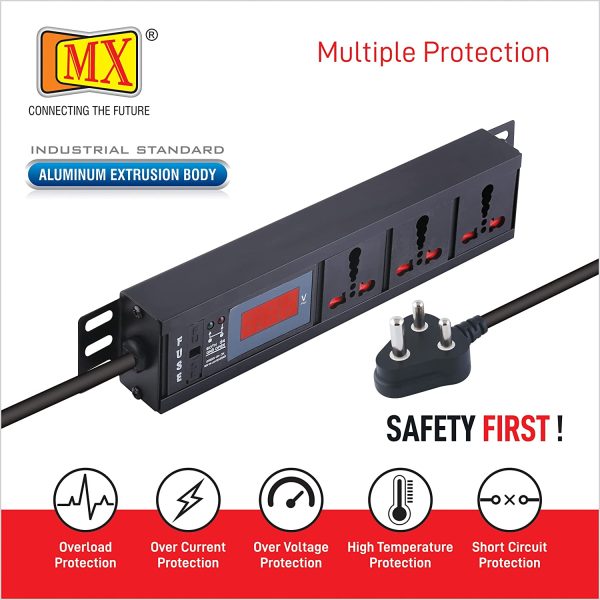 MX 3-Outlet Power Distribution Unit with Live Voltage Display, 6/16 AMP (Parameter: 30W~265V), Wall/Rack Mount, Built-in Fuse, Master Switch, Wall Mount, Heavy-Duty 1.5m Power Cord. - Image 3