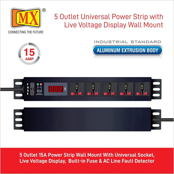 MX 5-Outlet Power Distribution Unit with Live Voltage Display, 6/16 AMP (Parameter: 30W~265V), Wall/Rack Mount, Built-in Fuse, Master Switch, Wall Mount, Heavy-Duty 1.5m Power Cord. - Image 5