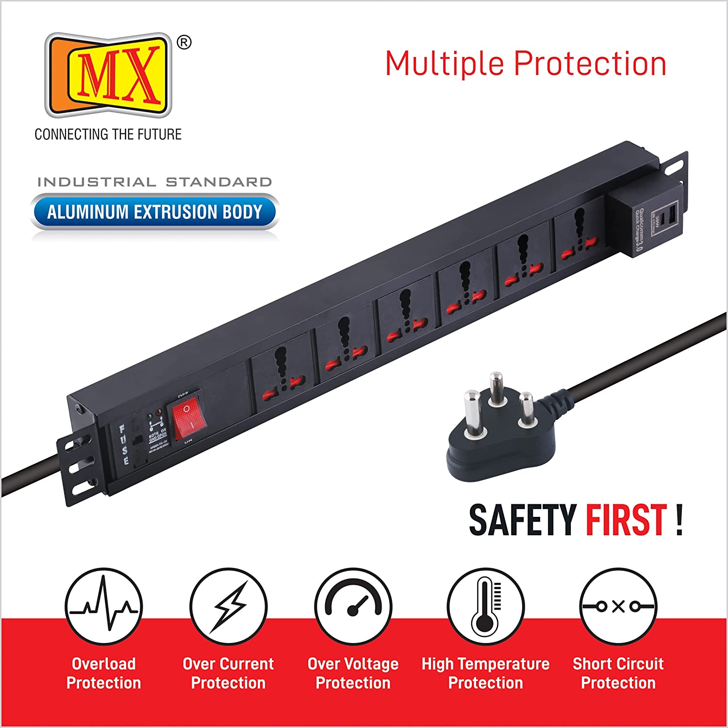 MX 6-Outlet Power Distribution Unit with 15A Universal Socket, USB-C PD 30W + USB-A Charging Ports, Fuse, Master Switch, Wall Mount, 1.5m Cord for home appliances like electric cooktop & Stove - Image 3