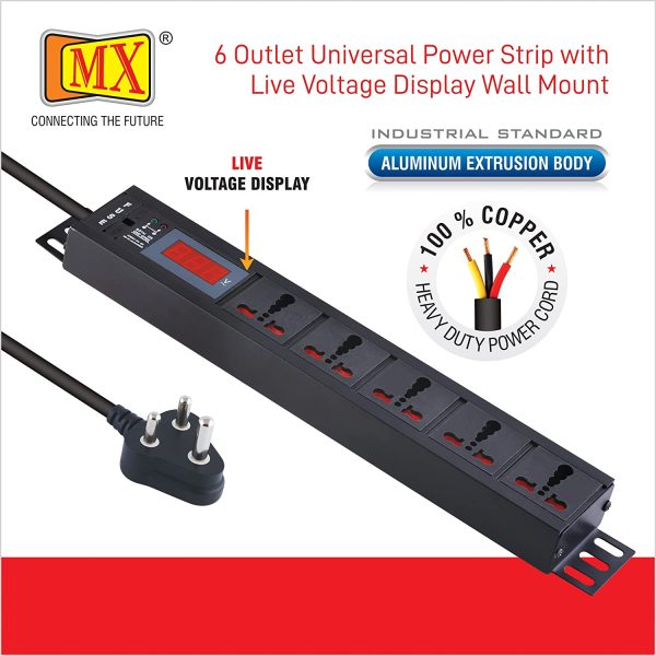 MX 5-Outlet Power Distribution Unit with Live Voltage Display, 6/16 AMP (Parameter: 30W~265V), Wall/Rack Mount, Built-in Fuse, Master Switch, Wall Mount, Heavy-Duty 1.5m Power Cord. - Image 2