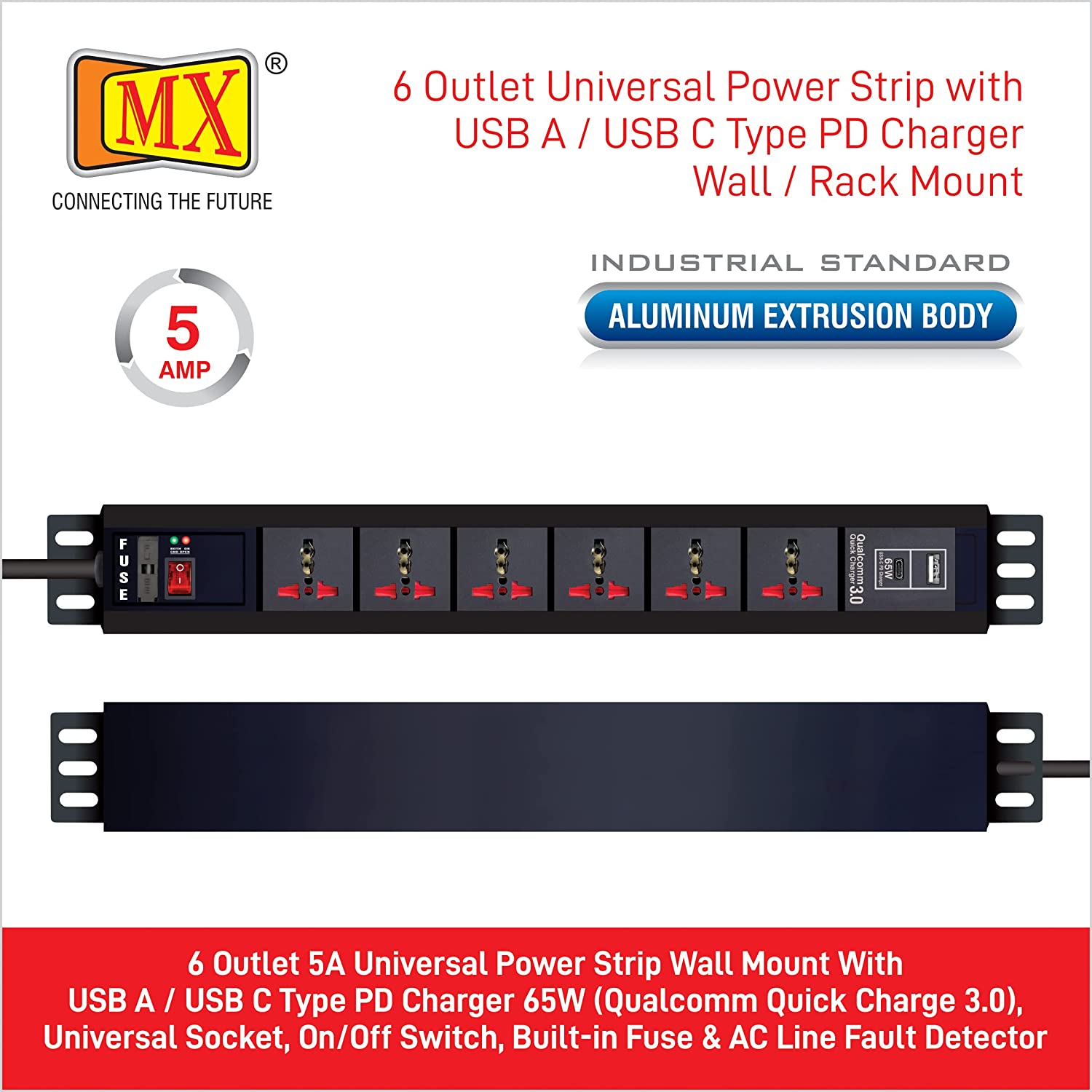 MX 6-Outlet Power Distribution Unit with 5A Universal Socket, USB C PD 65W, USB A Port, Built-In Fuse, Master Switch, Wall Mount, 1.5m Power Cord for home appliances like electric cooktop & Stove - Image 5