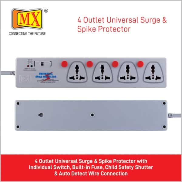 MX 4 Outlet Spike / Surge Protector With Universal Socket - Individual Switch With Built-in Fuse Power Cable - 5 amp - 1.5MTR