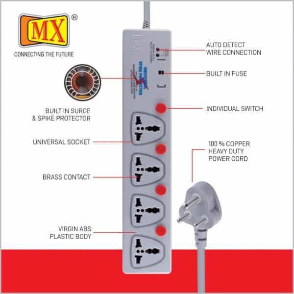 MX 4 Outlet Spike / Surge Protector With Universal Socket - Individual Switch With Built-in Fuse Power Cable - 5 amp - 1.5MTR