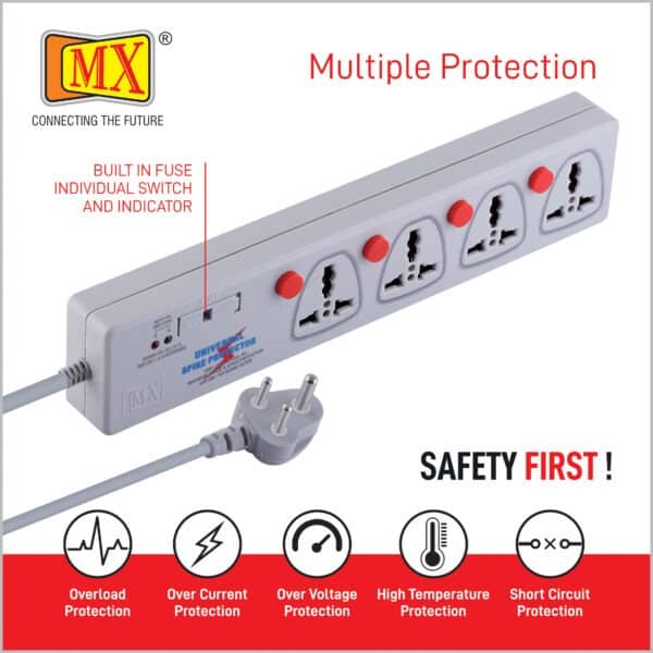 MX 4 Outlet Spike / Surge Protector With Universal Socket - Individual Switch With Built-in Fuse Power Cable - 5 amp - 1.5MTR