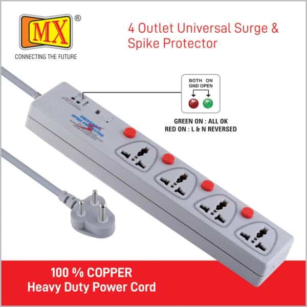 MX 4 Outlet Spike / Surge Protector With Universal Socket - Individual Switch With Built-in Fuse Power Cable - 5 amp - 1.5MTR