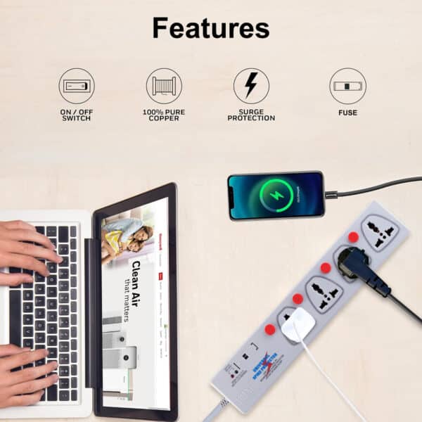 MX 4 Outlet Power Strip With Universal Socket - Individual Switch For Each Socket, With Built-in Fuse Power Cable - 5 amp - 5 MTR