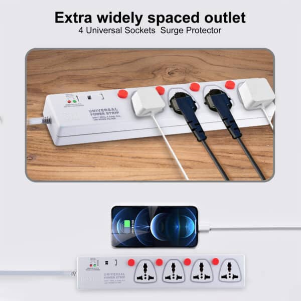 MX 4 Outlet Power Strip With Universal Socket - Individual Switch For Each Socket, With Built-in Fuse Power Cable - 5 amp - 5 MTR